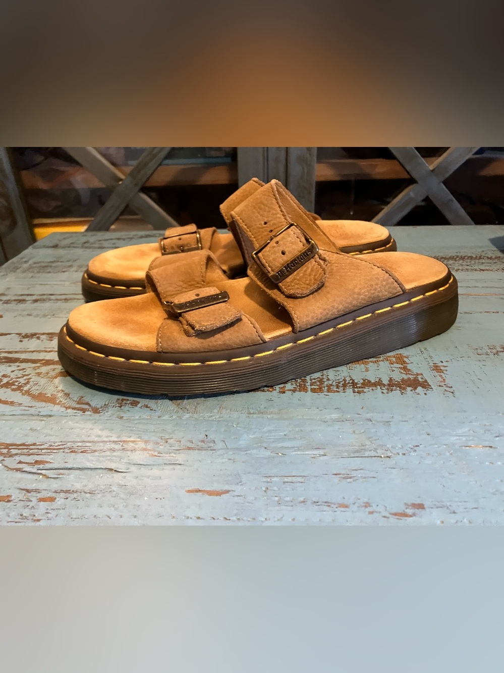 Dr. Martens Tan Leather Double-Buckle Slide Sandals